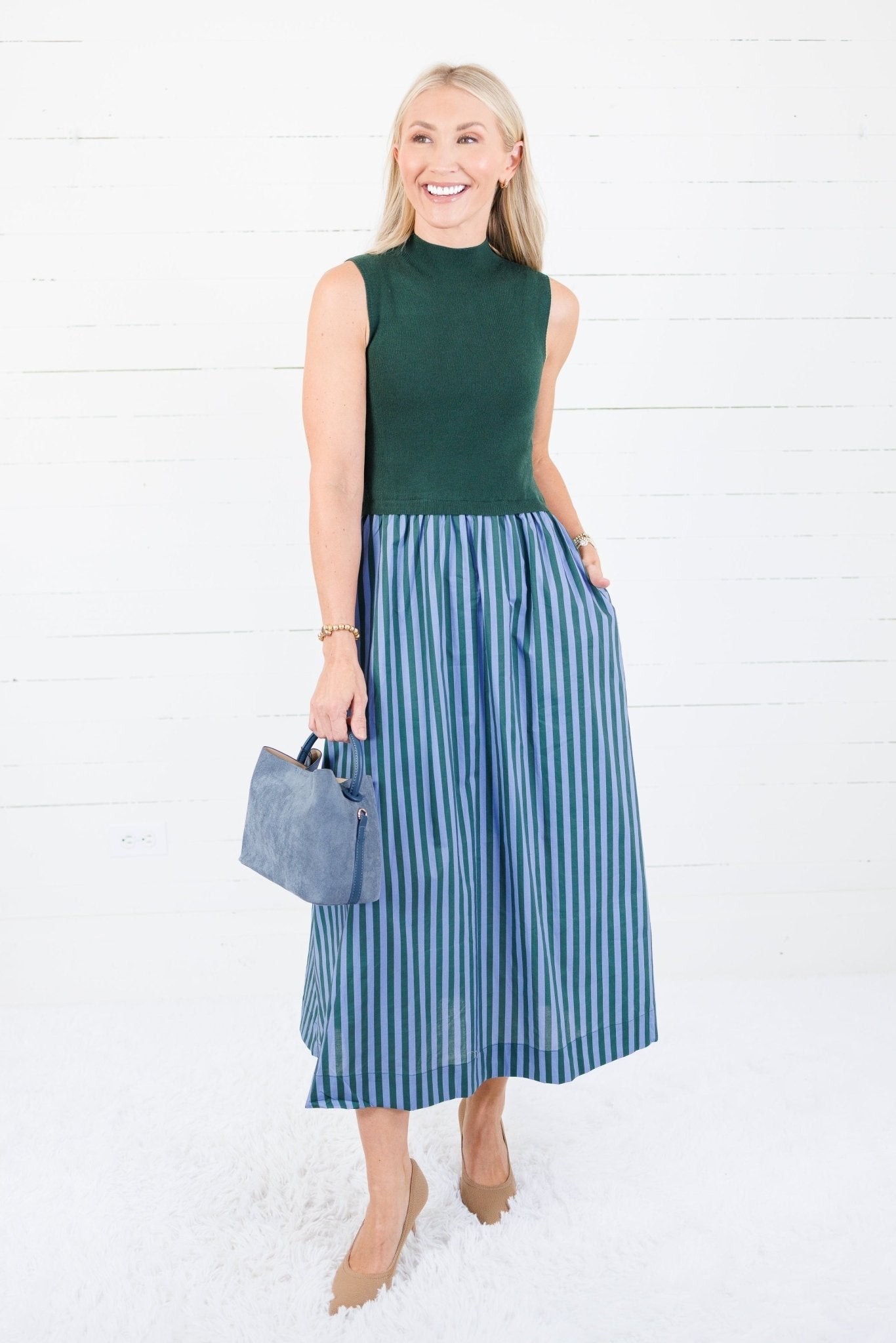Benjamin Hunter Green Sweater + Striped Dress Entro