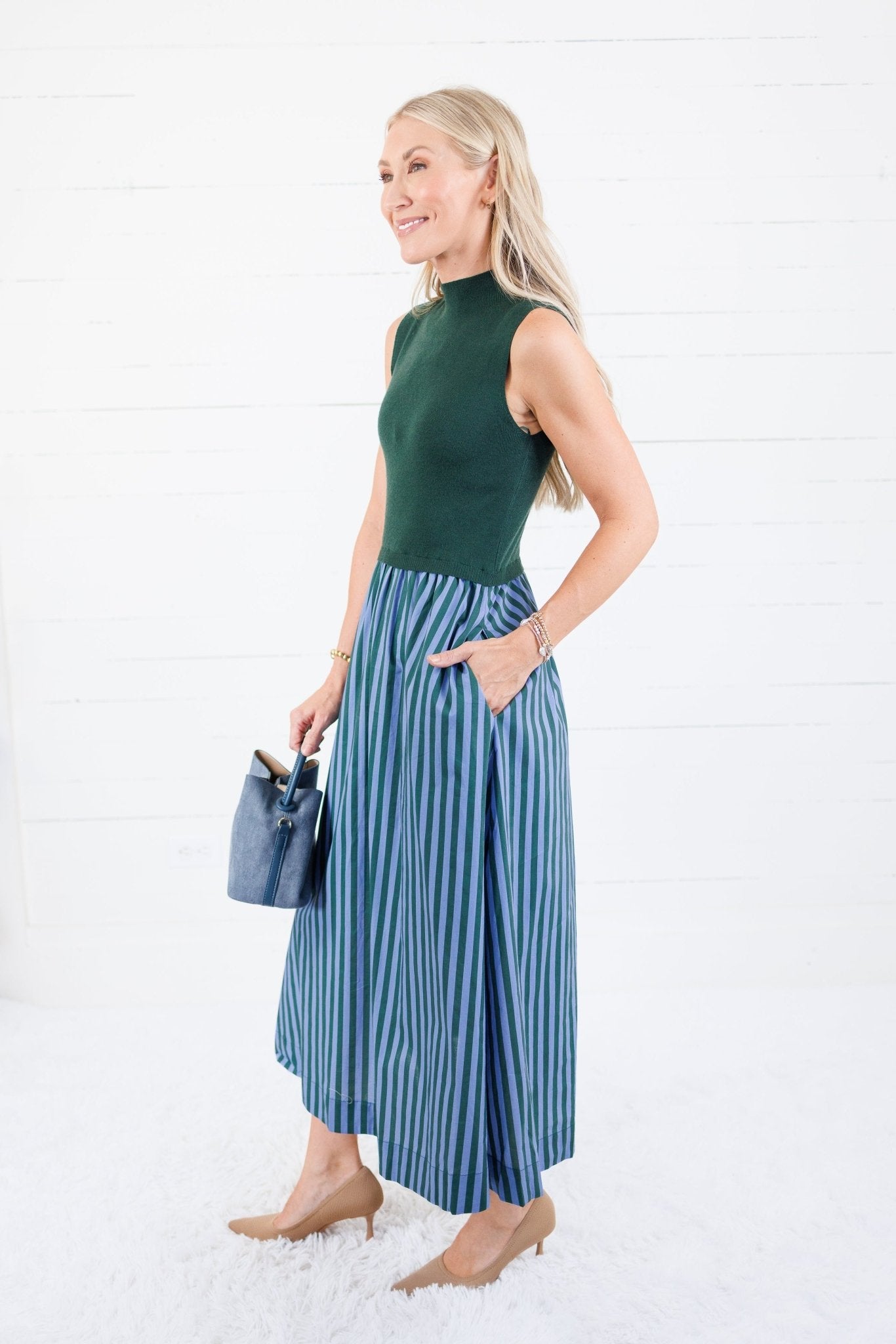 Benjamin Hunter Green Sweater + Striped Dress Entro 