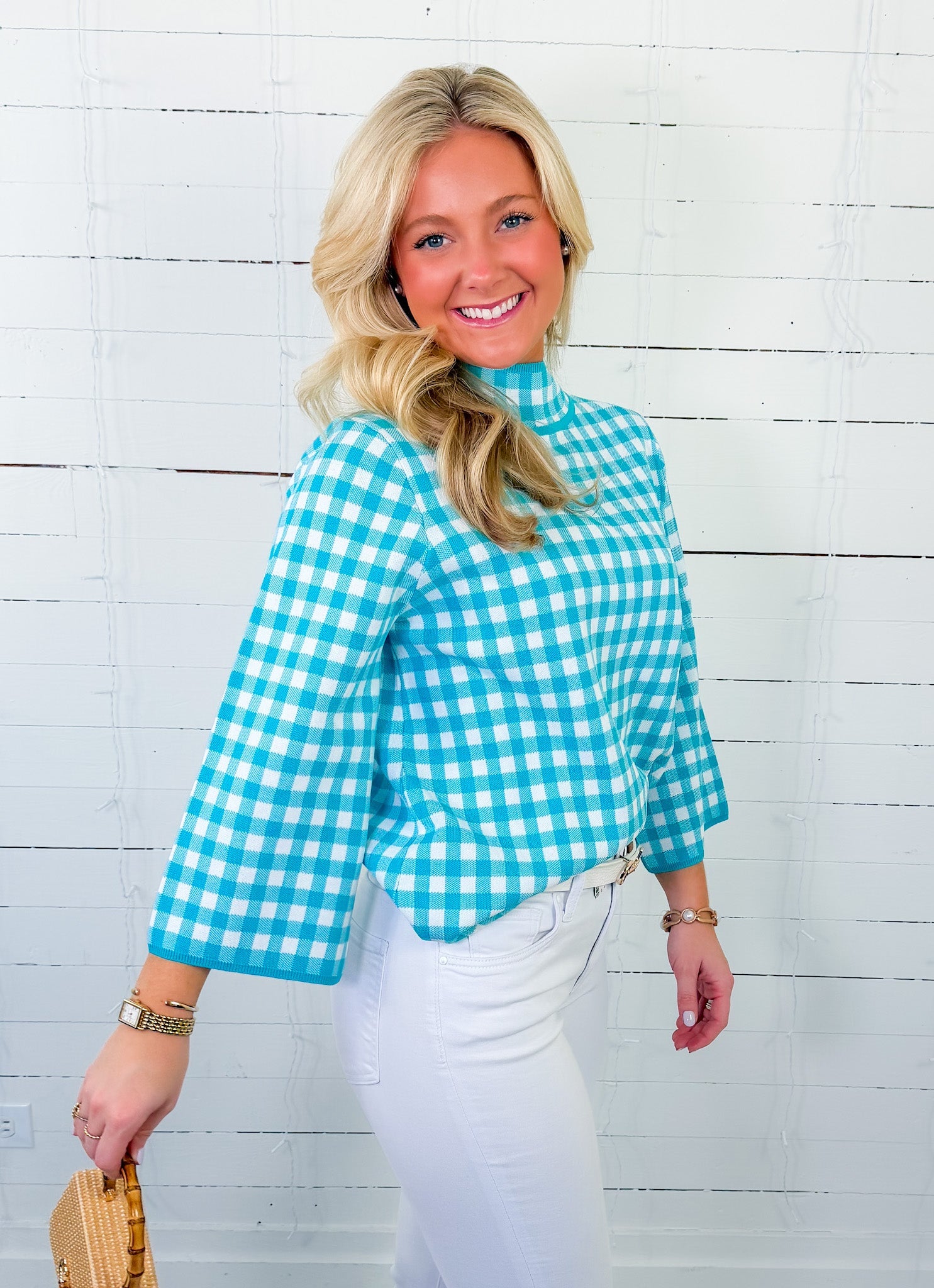 Bennett Aqua Gingham Sweater Entro
