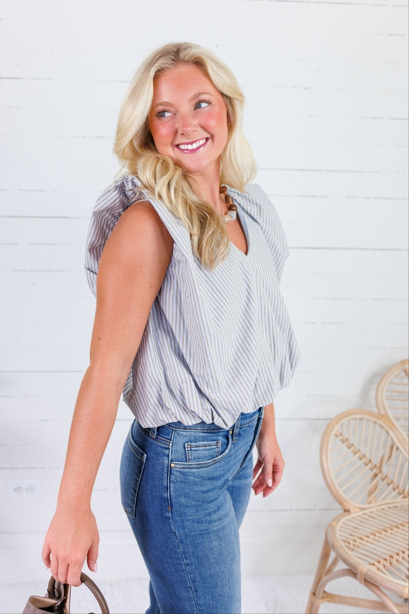 Benny Blue + Latte Stripe Bubble Hem Top