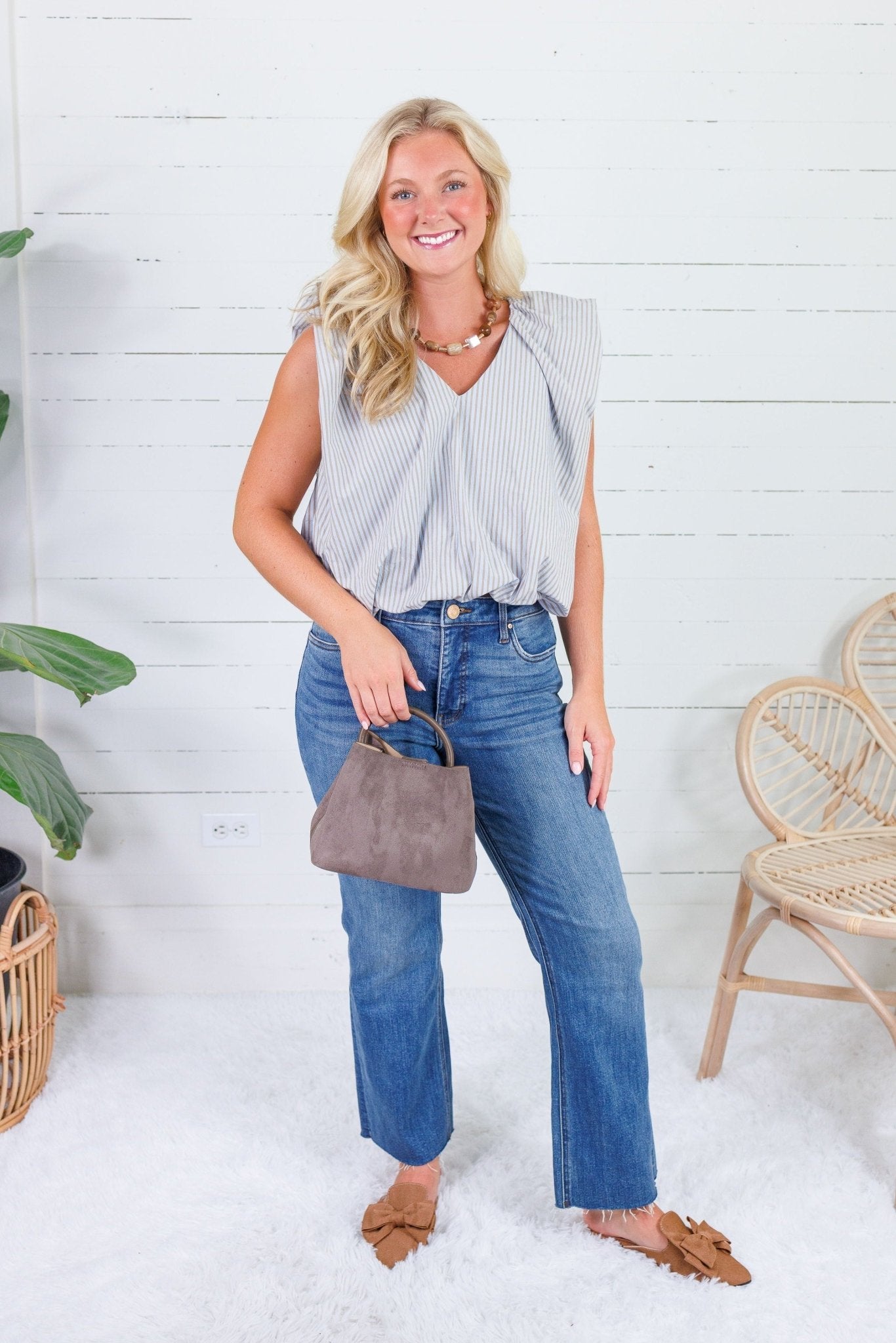 Benny Blue + Latte Stripe Bubble Hem Top