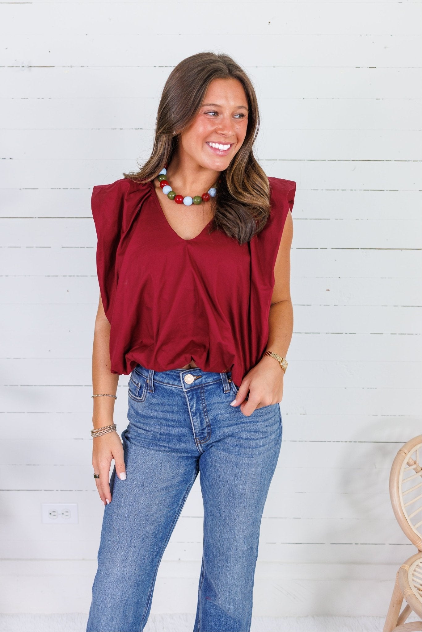 Benny Merlot Poplin Bubble Hem Top