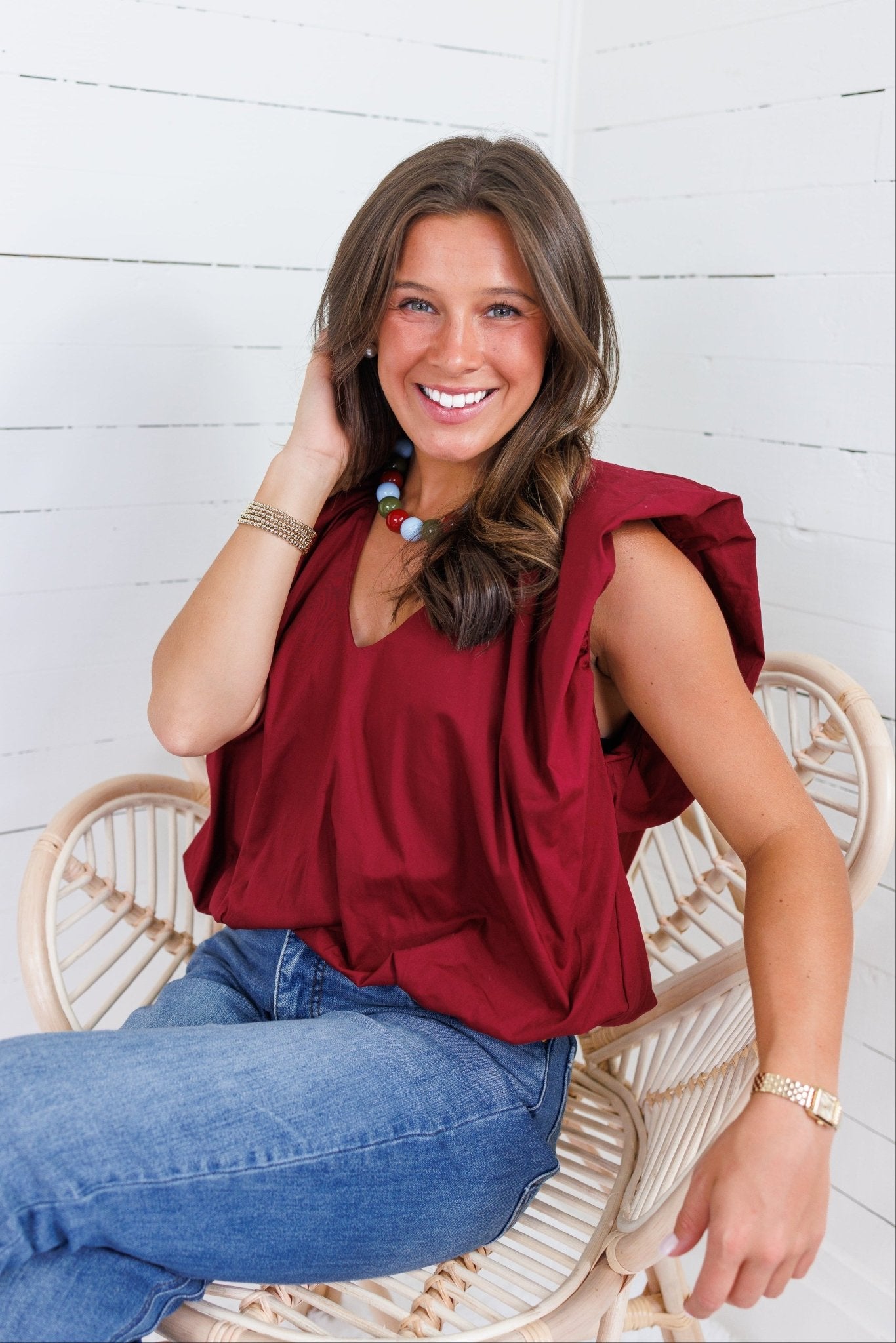 Benny Merlot Poplin Bubble Hem Top