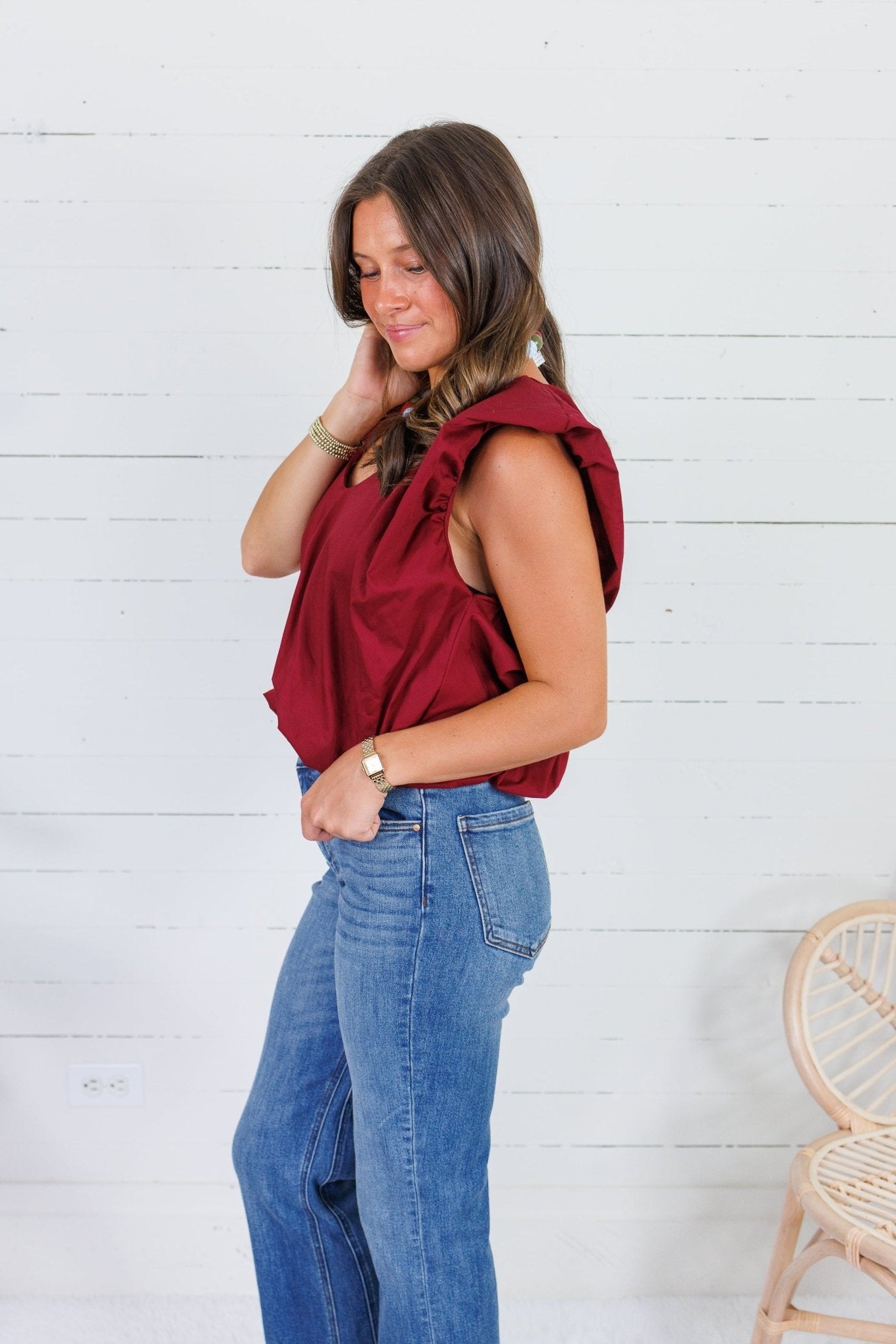 Benny Merlot Poplin Bubble Hem Top