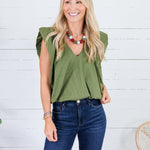 Benny Olive Poplin Bubble Hem Top