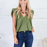 Benny Olive Poplin Bubble Hem Top