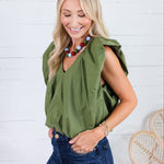 Benny Olive Poplin Bubble Hem Top