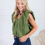 Benny Olive Poplin Bubble Hem Top