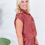 Bethany Rust Glimmer Mock Neck Balloon Top Glam