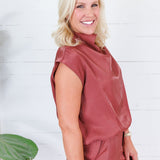 Bethany Rust Glimmer Mock Neck Balloon Top Glam