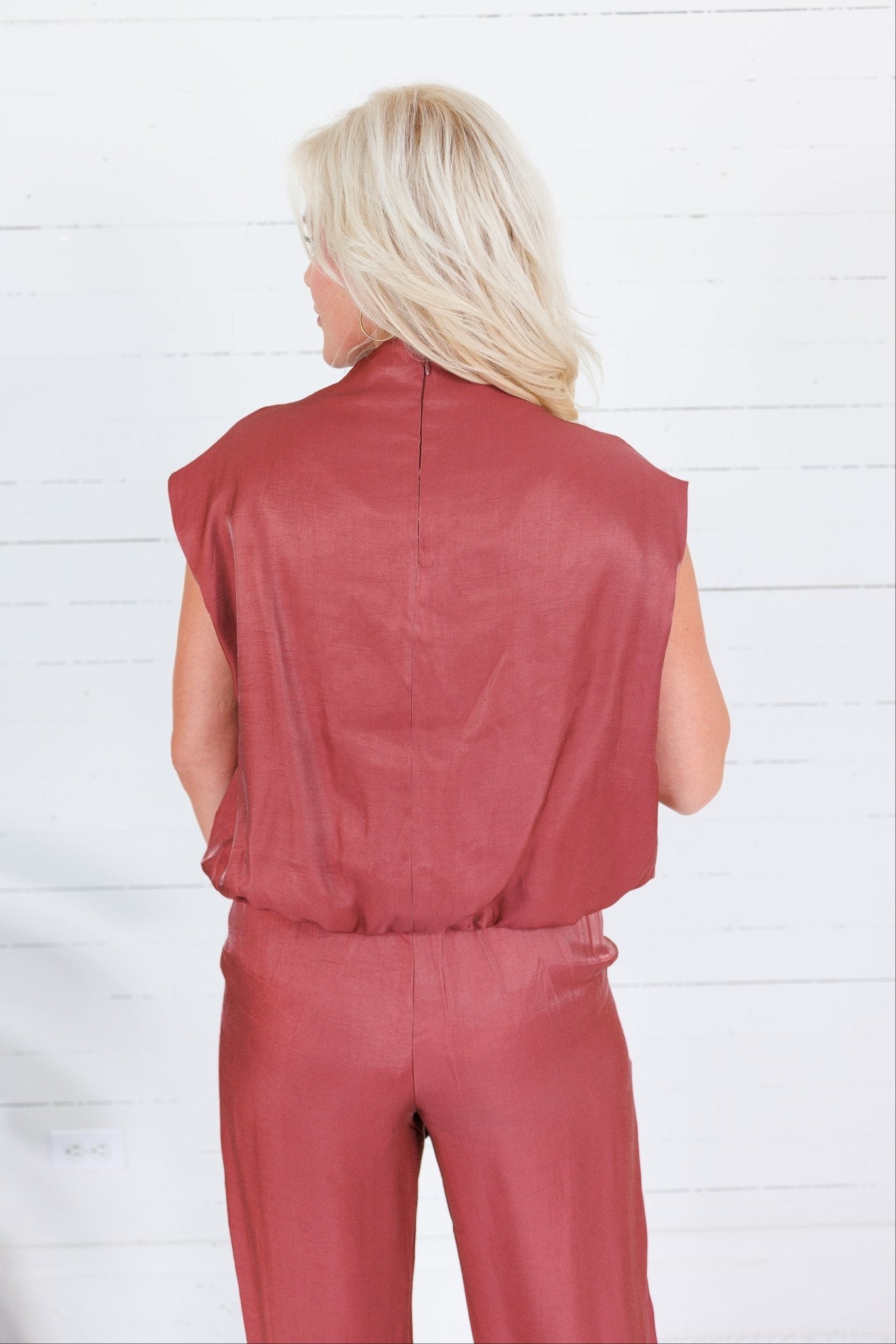Bethany Rust Glimmer Mock Neck Balloon Top Glam