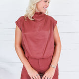Bethany Rust Glimmer Mock Neck Balloon Top Glam