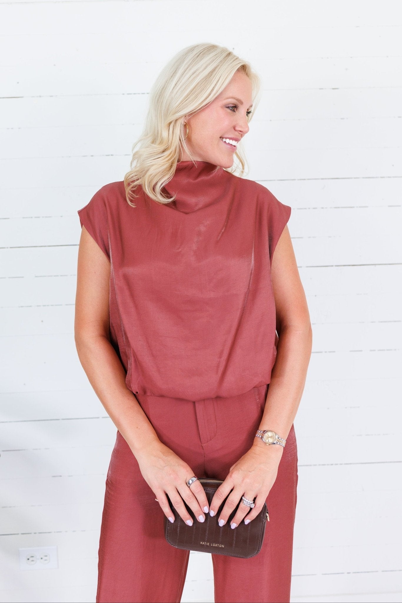 Bethany Rust Glimmer Mock Neck Balloon Top Glam