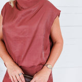 Bethany Rust Glimmer Mock Neck Balloon Top Glam
