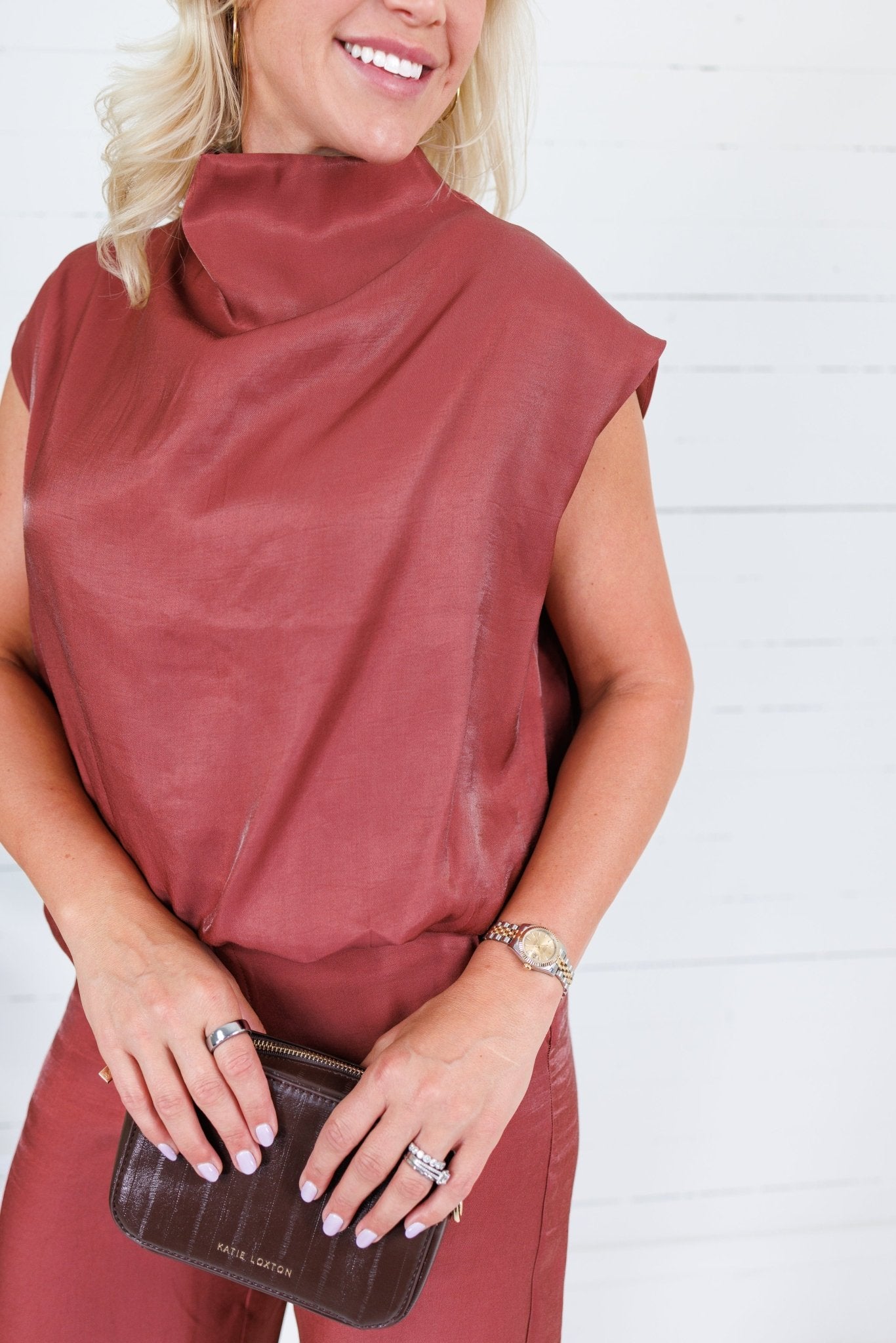 Bethany Rust Glimmer Mock Neck Balloon Top Glam