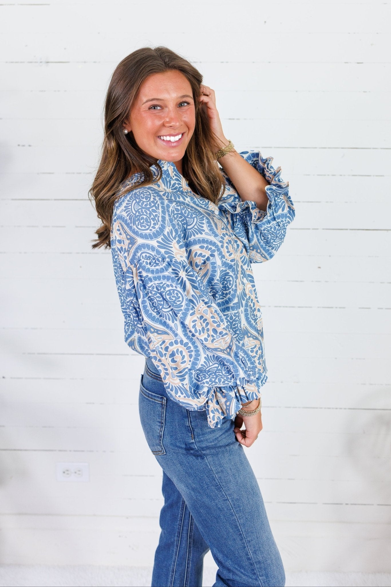 Billings Blue Damask Top
