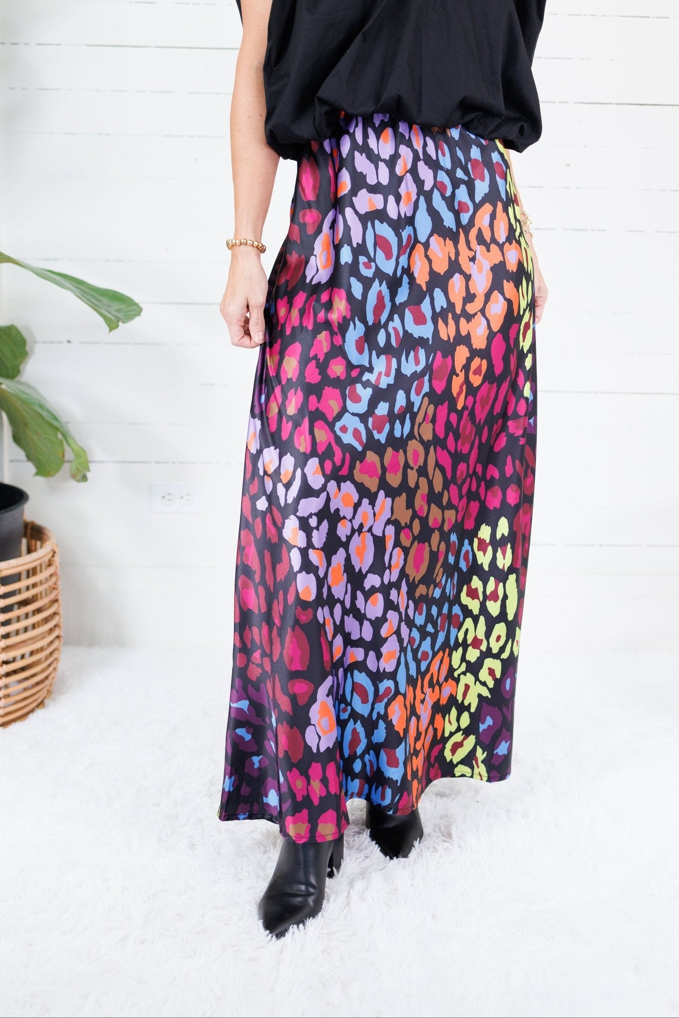 Blaine Colorful Animal Print Satin Maxi Skirt See and Be Seen
