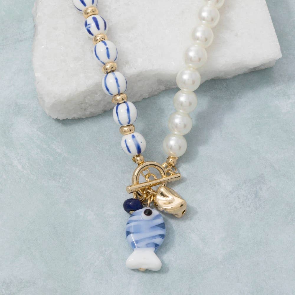 Blue Stripe Bead + Pearl Toggle Fish Pendant Necklace - A3 Accessories - Jewelry - Clover + Bee