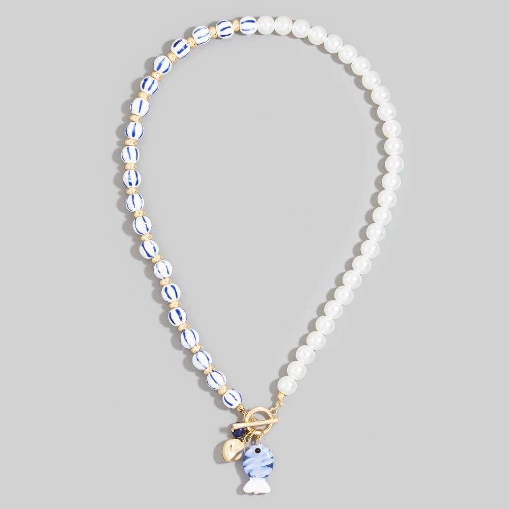 Blue Stripe Bead + Pearl Toggle Fish Pendant Necklace - A3 Accessories - Jewelry - Clover + Bee