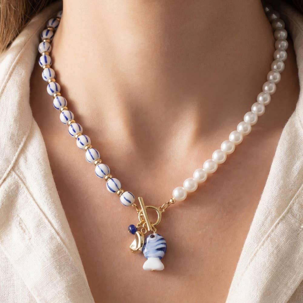 Blue Stripe Bead + Pearl Toggle Fish Pendant Necklace - A3 Accessories - Jewelry - Clover + Bee