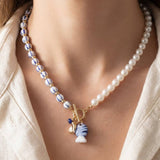 Blue Stripe Bead + Pearl Toggle Fish Pendant Necklace - A3 Accessories - Jewelry - Clover + Bee