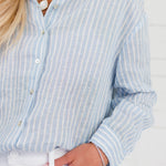 Blue Stripe Linen Essential Button Shirt Elle Grey