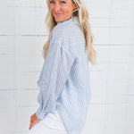 Blue Stripe Linen Essential Button Shirt Elle Grey