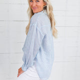 Blue Stripe Linen Essential Button Shirt Elle Grey