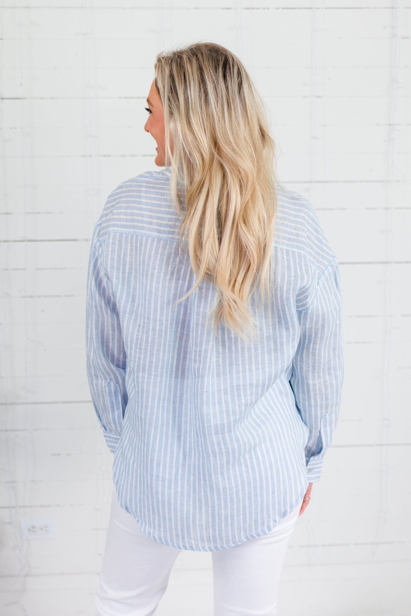 Blue Stripe Linen Essential Button Shirt Elle Grey