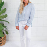 Blue Stripe Linen Essential Button Shirt Elle Grey