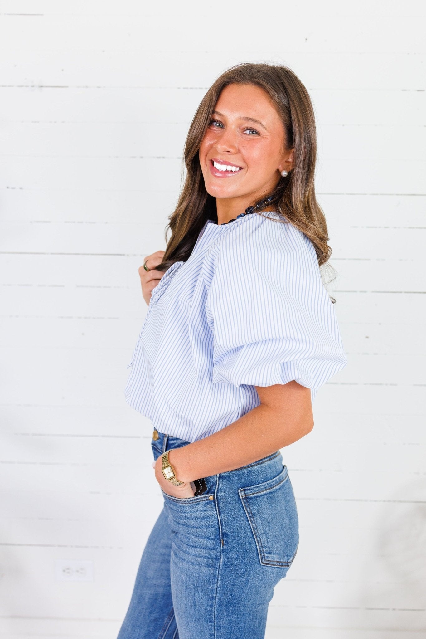 Bonita Blue Stripe Poplin Bubble Hem Top