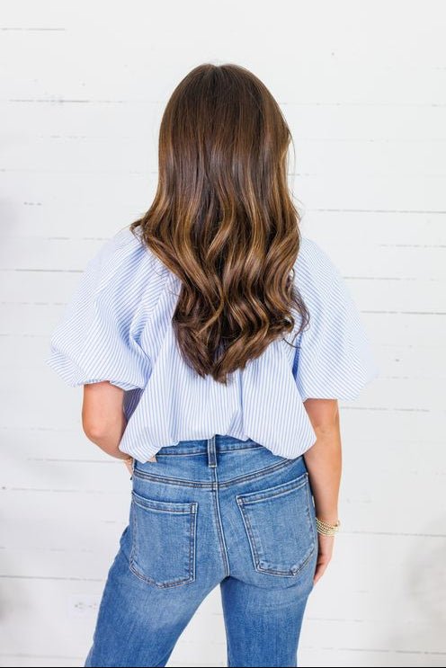Bonita Blue Stripe Poplin Bubble Hem Top