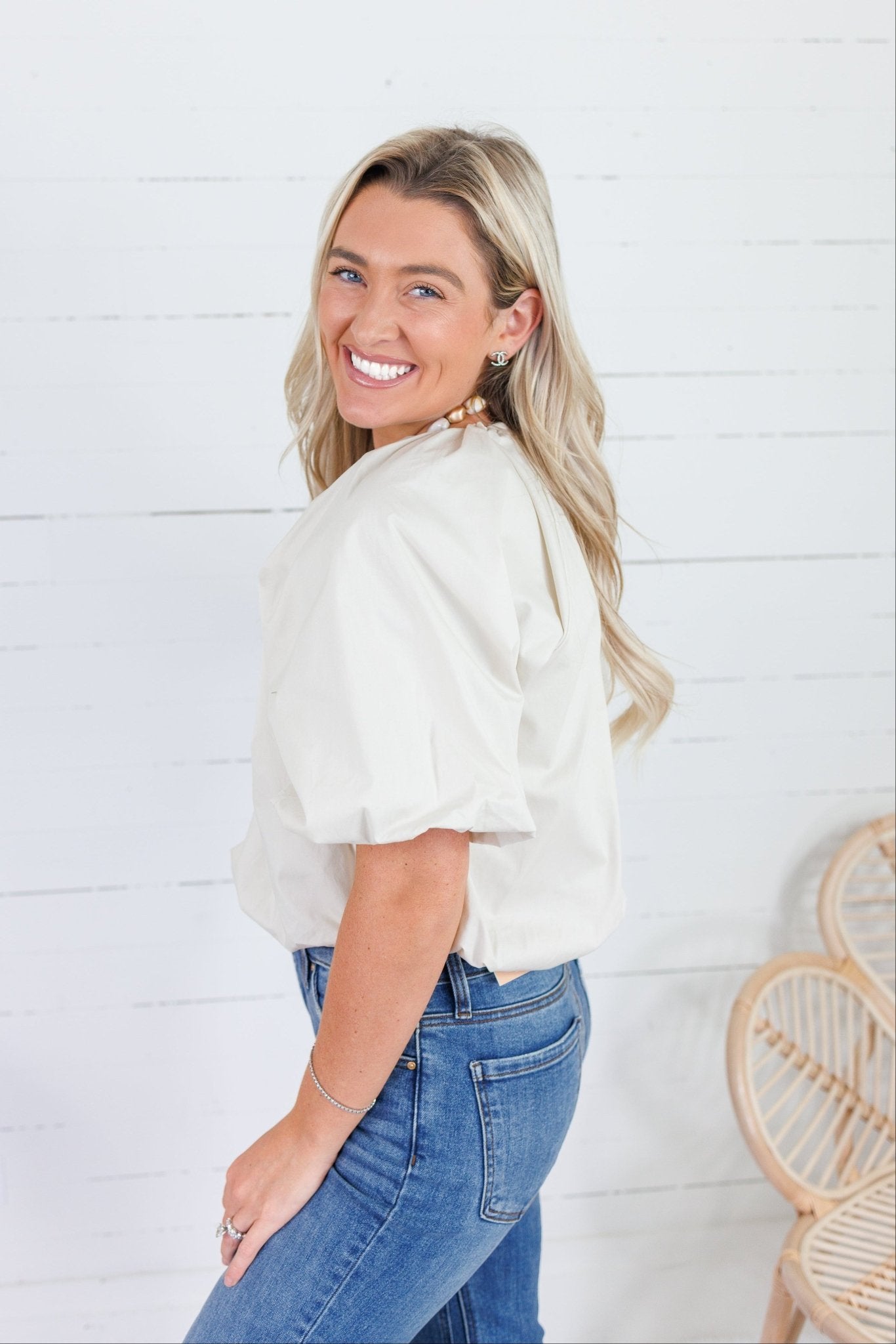 Bonita Latte Poplin Bubble Hem Top