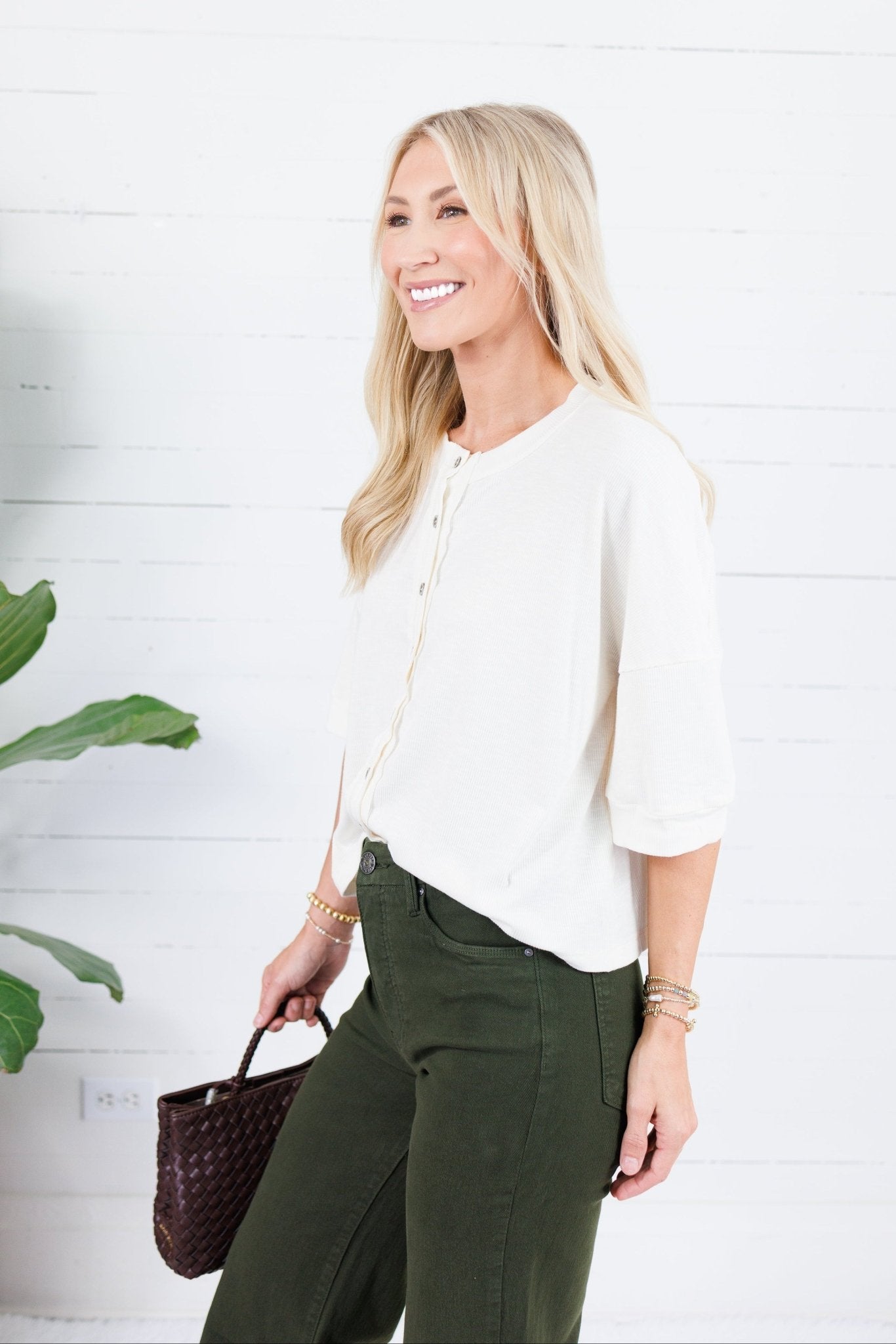Bonnie Ivory Ribbed Button Knit Top Doe and Rae