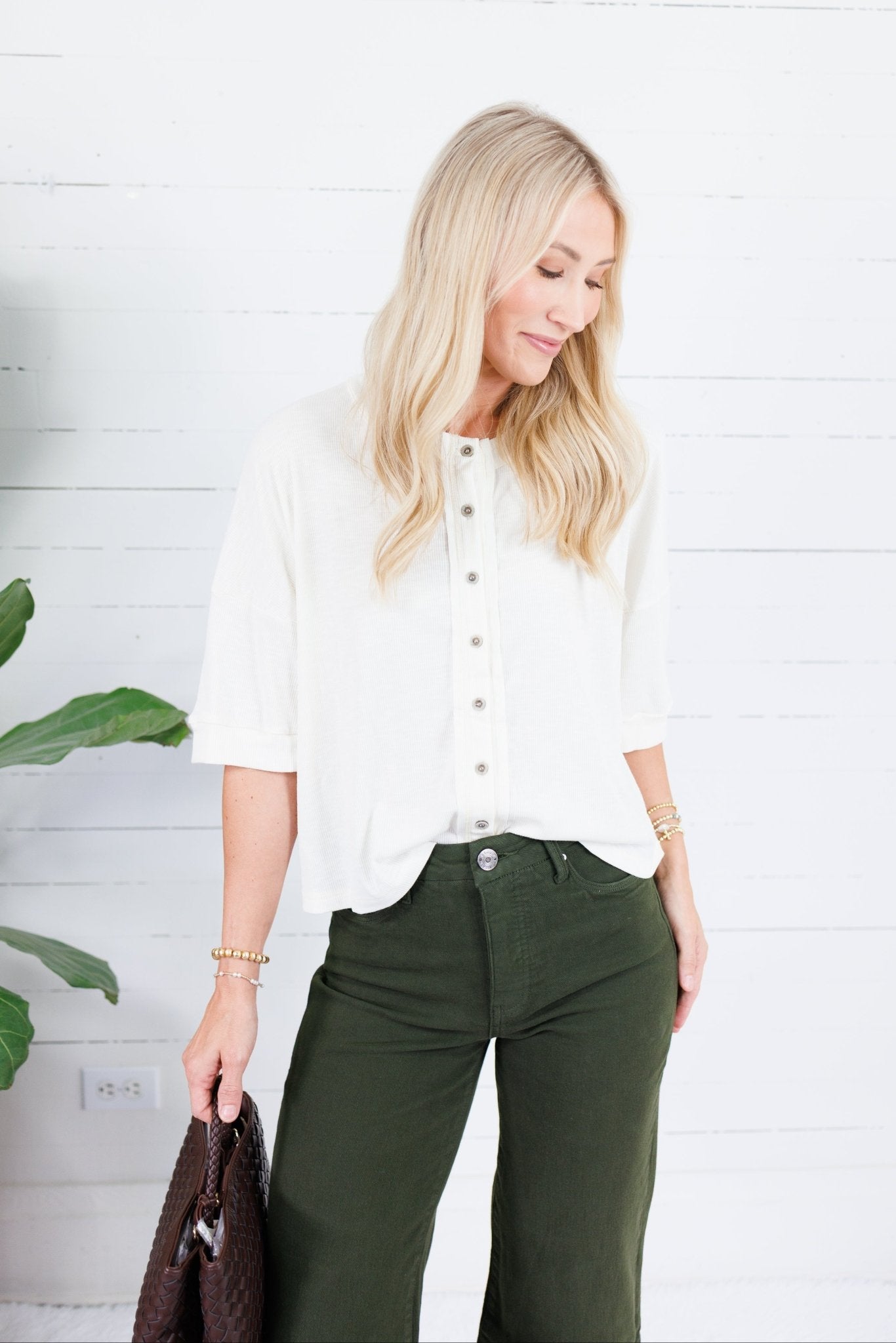 Bonnie Ivory Ribbed Button Knit Top Doe and Rae