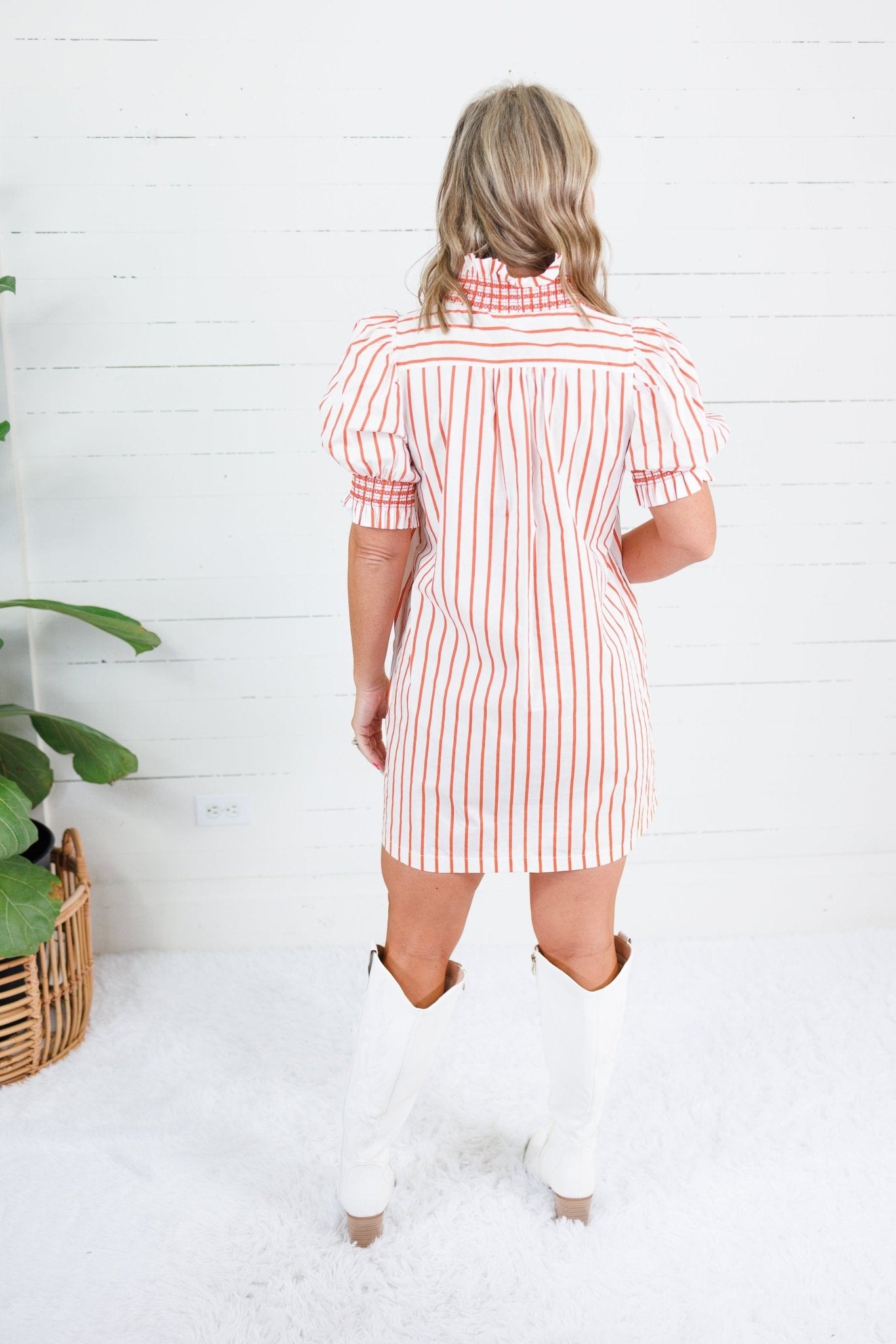 Boone Orange Stripe Smocked Neck Dress Glam