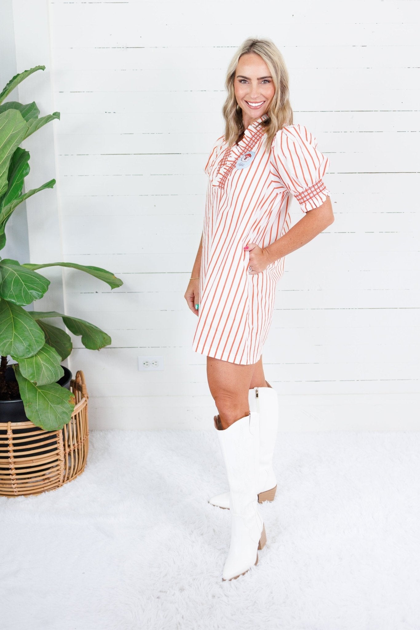 Boone Orange Stripe Smocked Neck Dress Glam