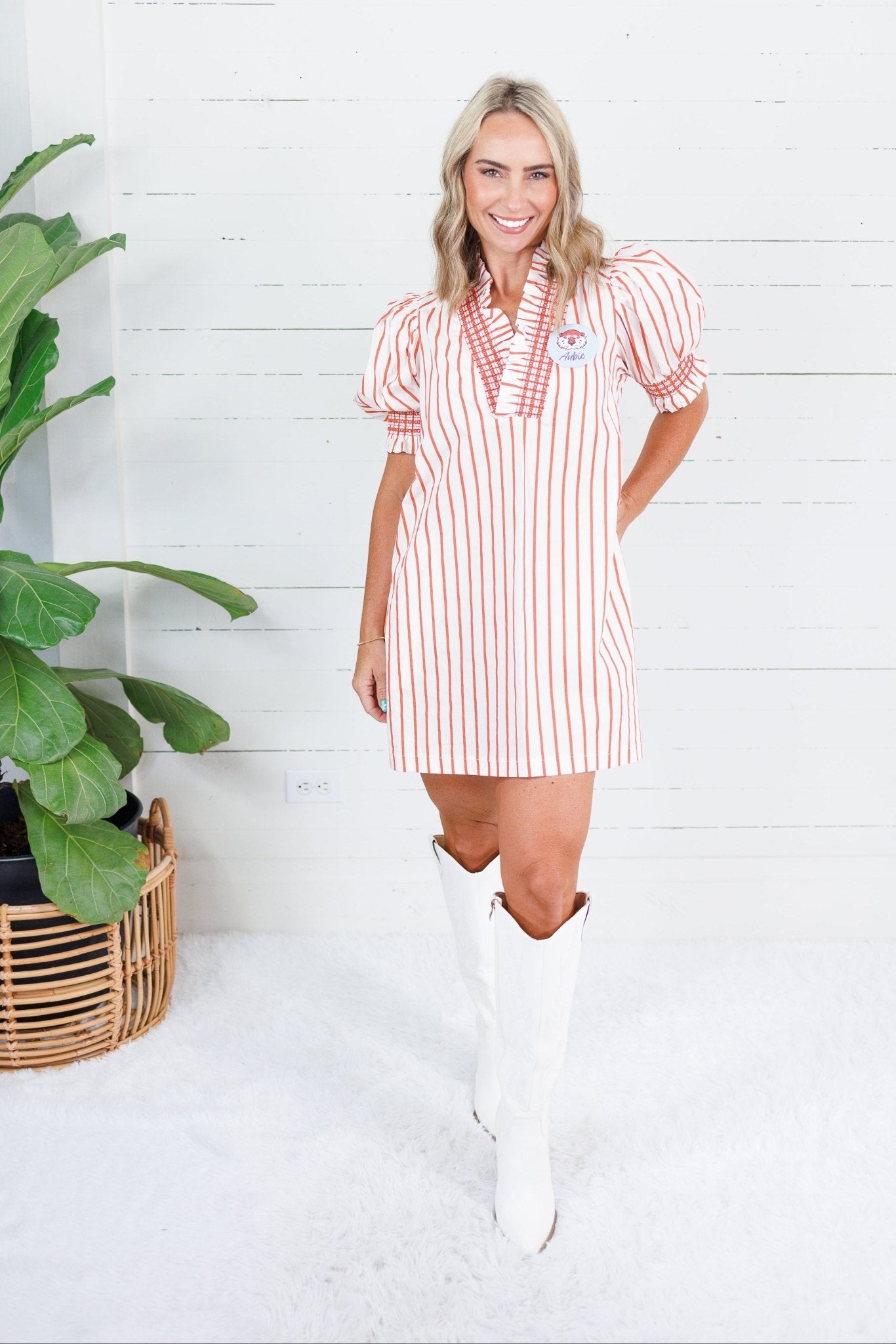 Boone Orange Stripe Smocked Neck Dress Glam