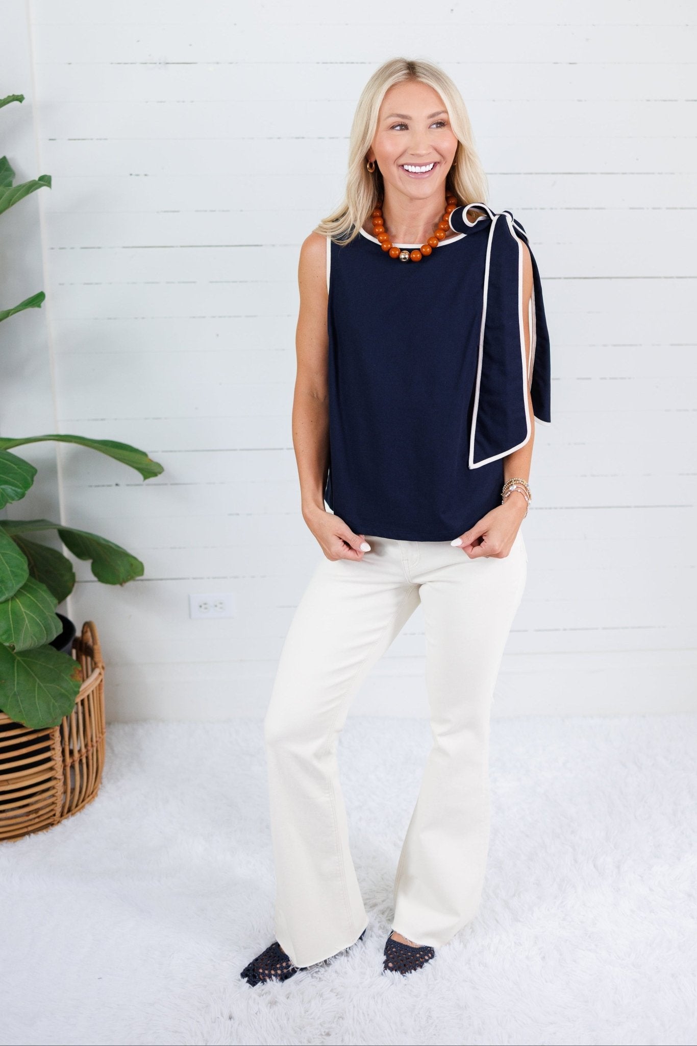 Britton Navy Shoulder Bow Top Able