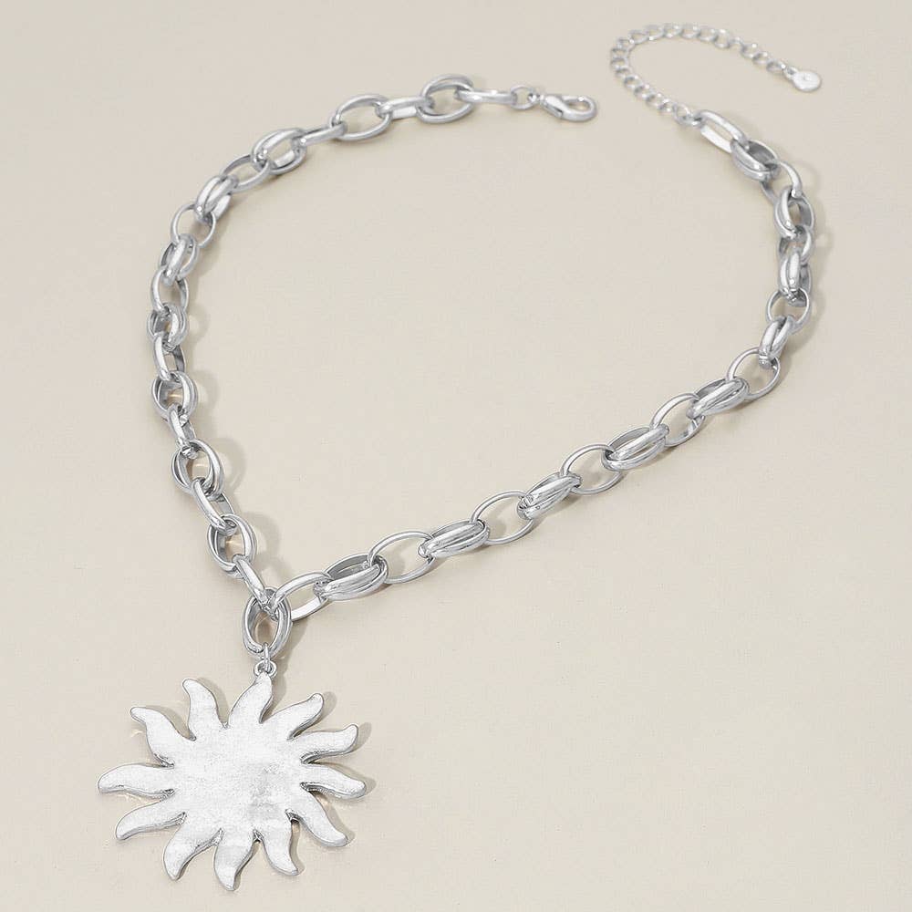 Brushed Metal Sunburst Chunky Chain Necklace - A3 Accessories - Jewelry - Clover + Bee