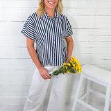 Busby Blue Striped Button Top THML