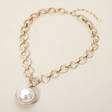 Bold Oval Pearl Pendant Brushed Metal Chunky Chain Toggle Necklace