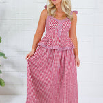 Calista Crimson Gingham Peplum Maxi Dress Entro