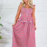 Calista Crimson Gingham Peplum Maxi Dress Entro