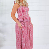 Calista Crimson Gingham Peplum Maxi Dress Entro