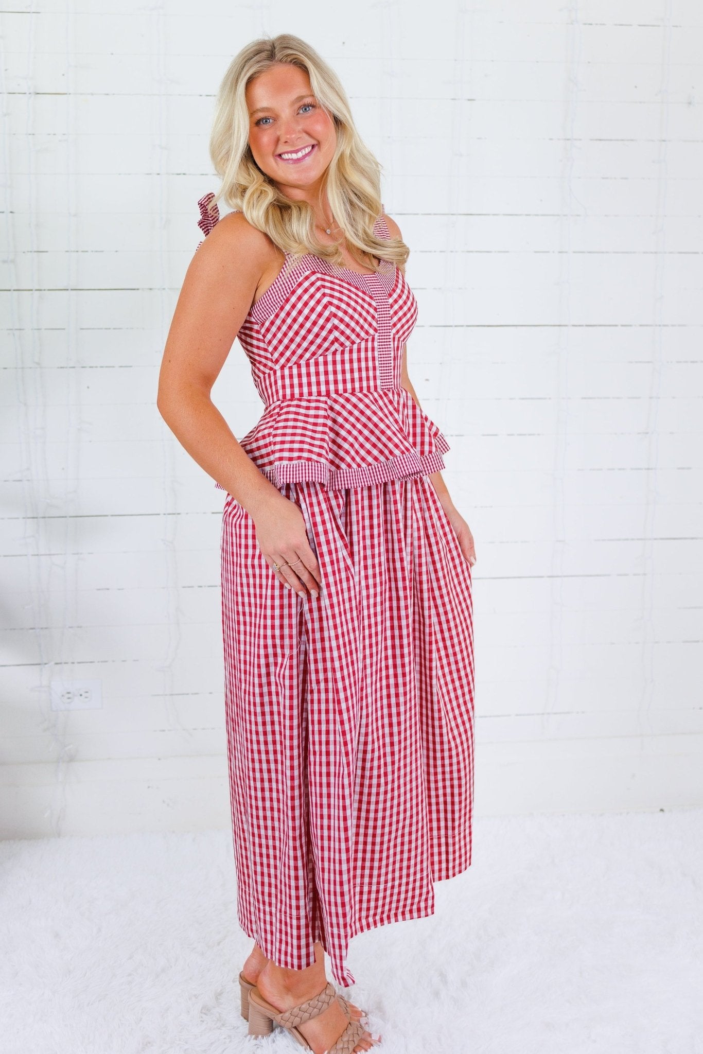 Calista Crimson Gingham Peplum Maxi Dress Entro
