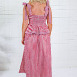 Calista Crimson Gingham Peplum Maxi Dress Entro
