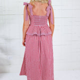 Calista Crimson Gingham Peplum Maxi Dress Entro