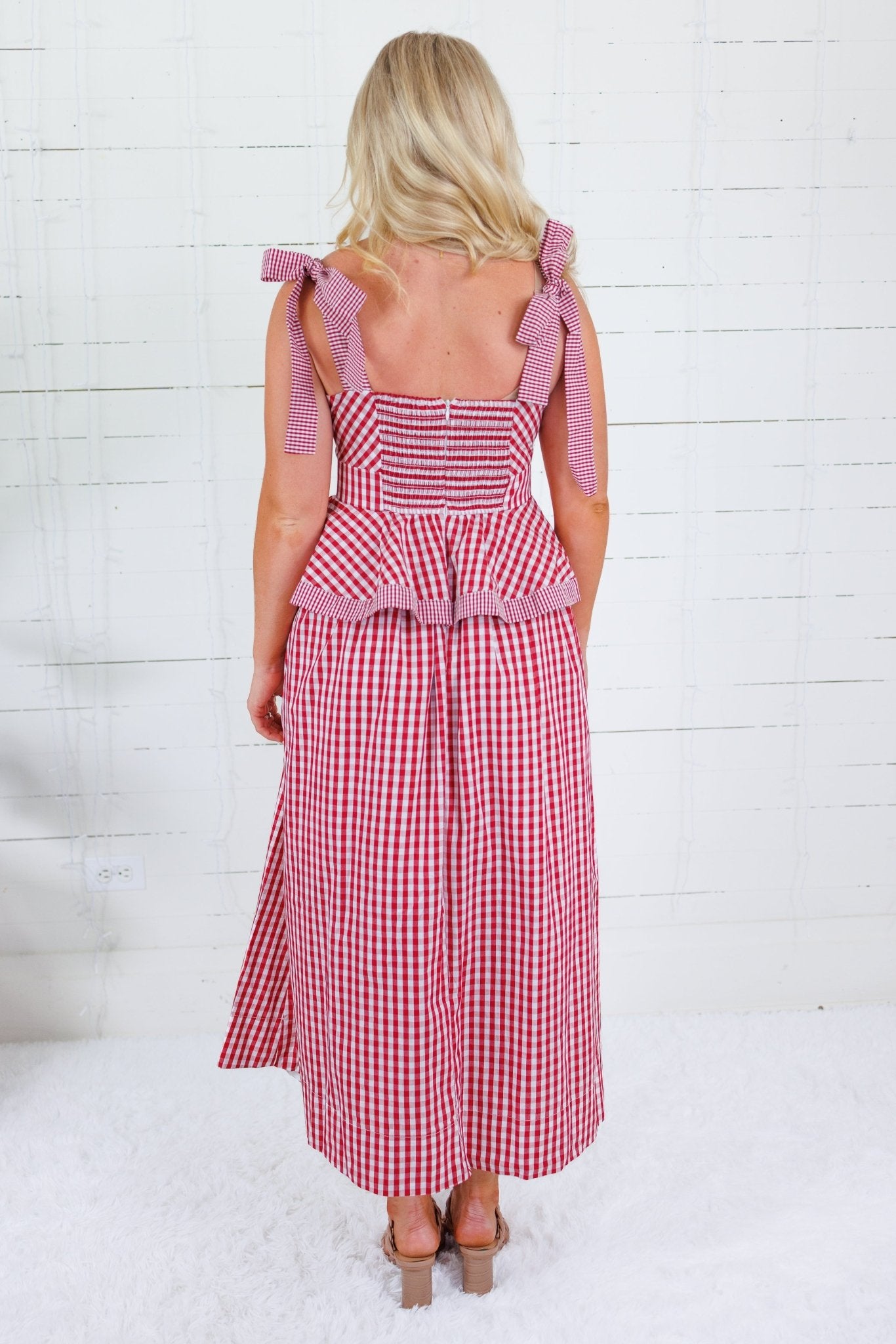 Calista Crimson Gingham Peplum Maxi Dress Entro