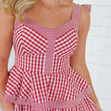Calista Crimson Gingham Peplum Maxi Dress Entro